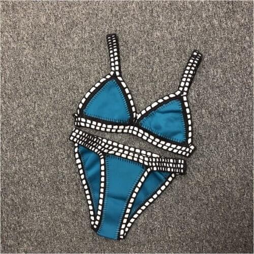 Women Sexy Swimwear with Elastic Swimsuit Handmade Crochet Blue Color Bikini Sets