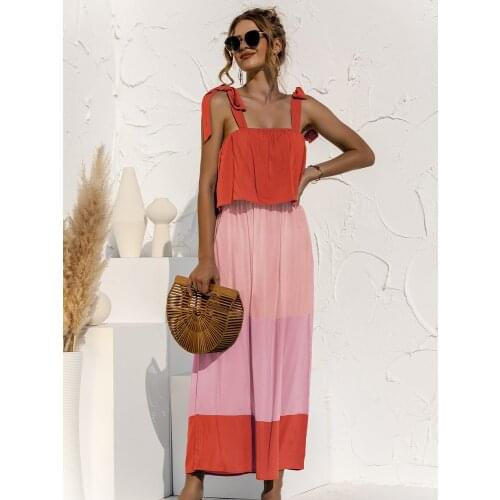 Womens Fashion Splicing Thin Shoulder Straps Hit Color Lace Bow Decoration Long Summer Casual High Waist Long Skirt Dress