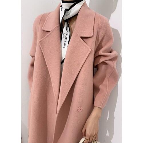 Girl pink sweet temperament elegant mid-length double-sided cashmere coat woolen coat Korean version 21 new