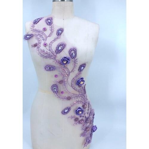1 Piece 3D Flower Lace Applique Embroidered Material Trim Fabric For DIY Wedding Dress Veil Accessories Light Purple