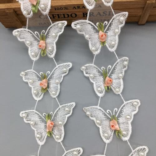 20X French Lace Fabric Trim Pearl Butterfly Flowers Embroidered Ribbon DIY Sewing Craft Wedding Dress Hat Decoration 7cm