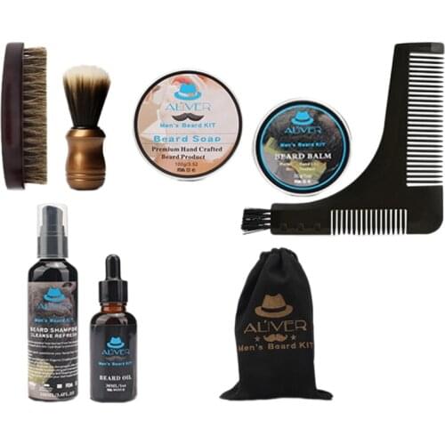 ALIVER Beard Grooming Beard Growth Kit with Bristle Brush Beard Mustache Wax Beard Growth Oil Comb Shampoo Beard Care Set