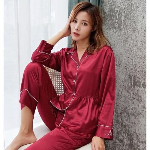 Satin Silk Pajama Sets Spring Autumn New Ice Silk Casual Luxurious Summer Sleepwear Female Soft Smooth Homewear 9101