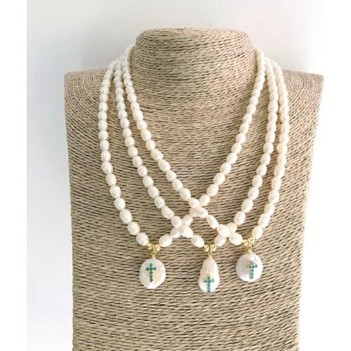 Free Shipping Handcraft Gift Pearl Jewelry Cross And Eye Pendants Freshwater Pearl Necklace