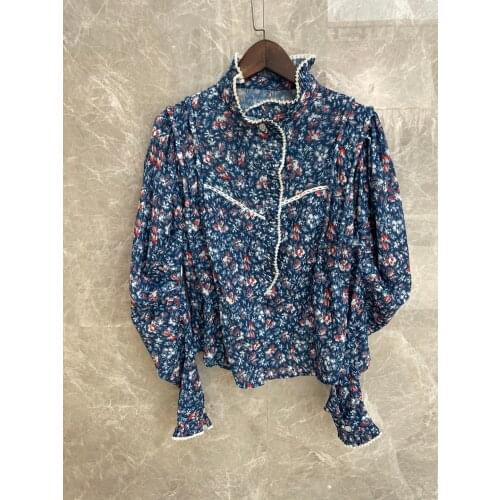 2021FW Autumn Fashion New Women Flower Prints Cotton Long Sleeve Blouse Female Ruffles Shirt Tops 2 Color Tutu