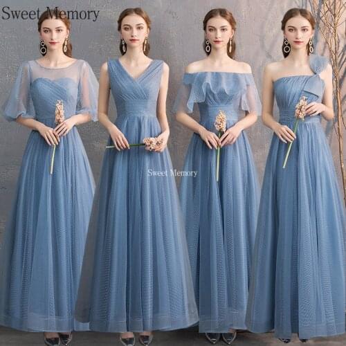 Sweet Memory Long Dusty Blue Bridesmaid Dresses 2021 Elegant Women Party Wedding Vestidos Lady Prom Dress Tulle Formal Gown