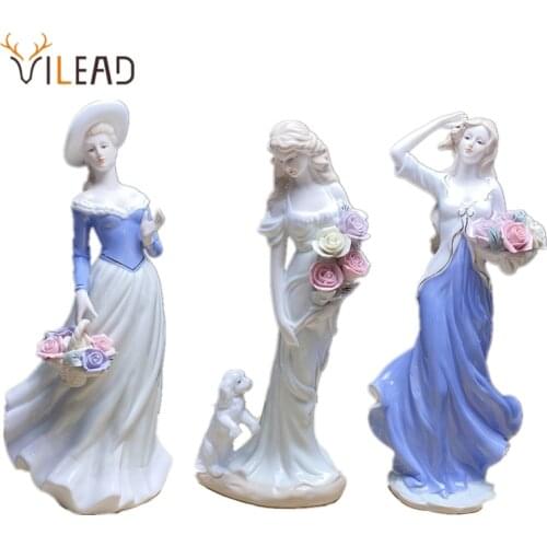VILEAD 28cm Ceramic Western Flower Girl Statues Nordic Ballerina Sculpture Figurine Dog Beautiful Garden Figurines For Interior
