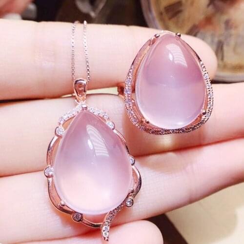 Per jewelry Natural real rose quartz drop style jewelry set 1pc 11ct ring 1pc 13ct pendant 925 sterling silver R203162