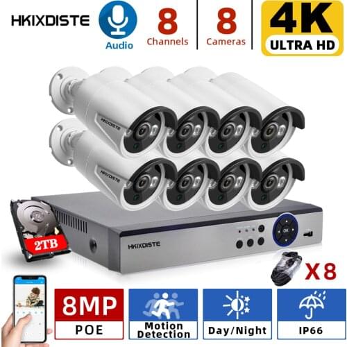HKIXDISTE 8CH 4K POE NVR Kit 5MP Security System Kit Outdoor 8MP Waterproof IP66 IP Camera CCTV Audio Video Surveillance Set