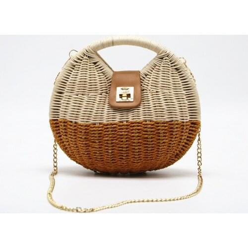 Fashion Wicker Woven Rattan Bags Women Handbag Round Chain Straw Shoulder Bag Crossbody Bags for Women 2021 Bohemia Clutch Purse