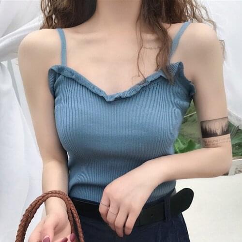 Fashion Causal Knitted Cami Summer New Solid Color Tank Tops Beach Vacation Sexy Sling Vest Sweet Ruffles Camisole