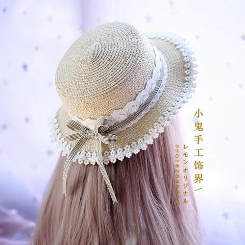 Mori pastoral soft girl lolita daily lace lace plaid straw hat sweet Japanese dress hat