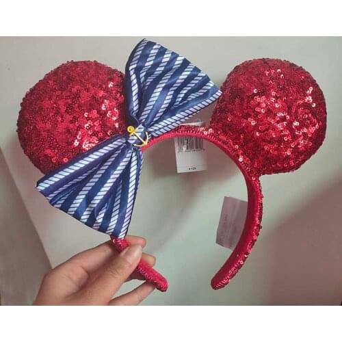 2021 NEW Parks Red Minnie Mouse Ears Blue Bow Red Sequin Headband