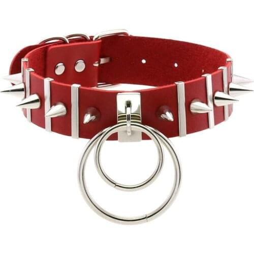 PU Leather White Punk Harajuku Goth Rivet Metal Vertical Bar Necklaces For Women Double Round Pendant Choker Necklace