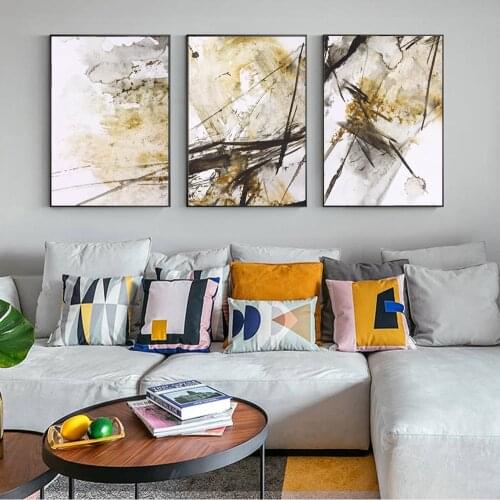 Watercolor Realism Abstract Wall Art Canvas Golden Color Posters Minimalist Painting Modular Pictures for Living Room Home Decor