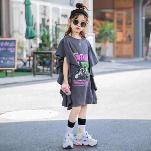 Girls Print Ruffles Dresses Summer Fashion 8 10 12 years Teen Girls Outfit Loose Cotton Long Tops