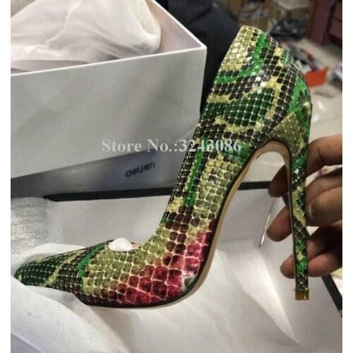 Pointed Toe Snakeskin Python Basic Thin High Heel Pumps Brown Green Fashion Sexy Party Banquet Shoes Fashion Single Shoes