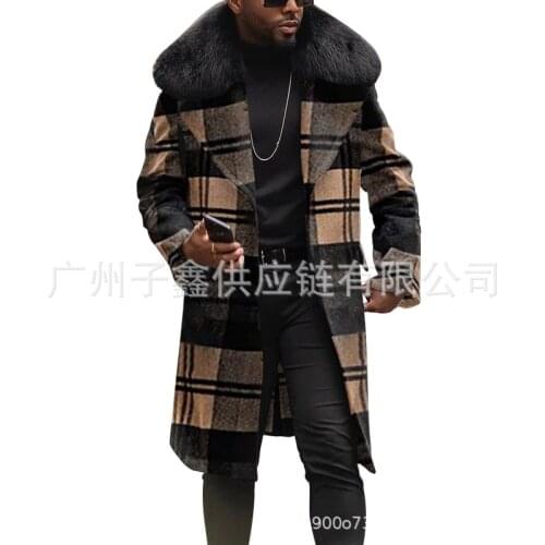 Check Fur Woolen Coat Plaid Windbreaker Mens 2021 Fur Jacket Mens Slim Fit Windbreak Long Coats Man Winter Coat Homme Plus Size