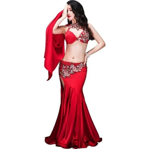 Rhinestone Beading Spandex Bra Long Placketing Skirt Sexy Belly dance 2pcs set for Women/female Costume performance wears YC041