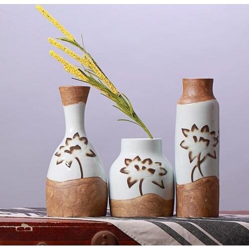 Traditional Chinese Vintage Ceramic Lotus Relief Flower Vase Set Handmade Porcelain Decoration Chinaware Artwork Craft Adornment