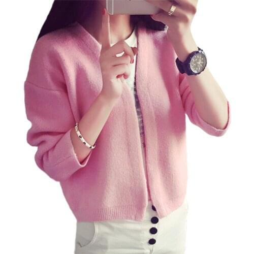 Knit Cardigan Coat Short Sweater Women Loose V-neck Solid Color Baseball Uniform Jacket Sweaters Clothing Vestidos LXJ373