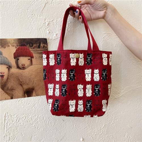 Vintage Lucky Cat Portable Lunch Bag for Women Student Girls Bento Handbags Simple Ladies Small Tote Shoulder Shopping Bags