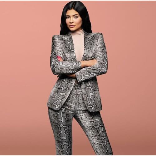 Snake Pattern High-Quality Designer Slim Suit Suit Lapel Snake Skin Twill Tights Kyliejenner 2 Piece Set