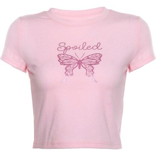 Women Fashion White Pink Cotton T-shirt Butterfly Print O-neck Female Sexy Streetwear Tight Shirts Short Sleeve Casual Tops Tee