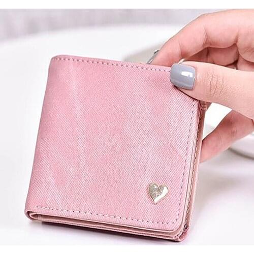 Women Small Cute Wallet Heart Shaped Imitation Denim PU Leather Hasp Wallet Credit Card Holder Mini Money Bag