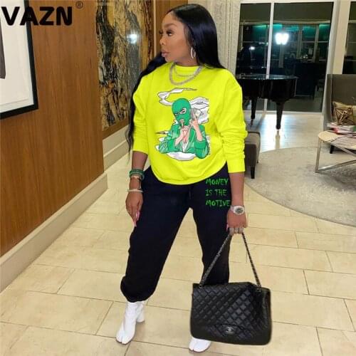 VAZN 2020 O-neck Baggy Full Sleeve Cartoon Print Women Casual Sport Running Set Holiday Women Young Energetic Set