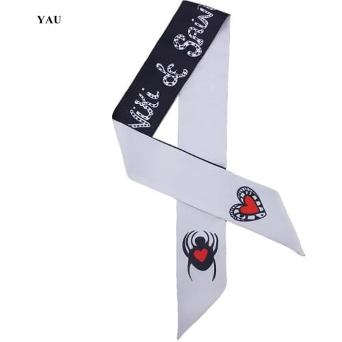 Twill Silk 100cm*6cm Woman Small Scarf Luxury Brand White Spider Love-Heart Long Scarves Printed Bag Female Skinny Scarf Wraps