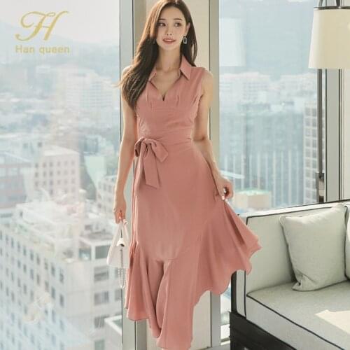 H Han Queen Elegant Lace-Up Ruffle Korean Dress Women 2021 Summer Slim Sleeveless Party Dresses OL Office Wear Shirt Vestido