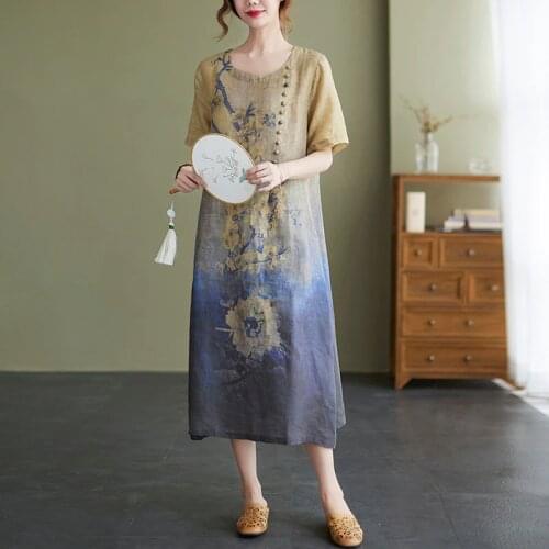 Thin Soft Ramie Print Floral Loose Summer Dress 2021 New Arrival Chinese Style Vintage Dress Women Casual Midi Dress
