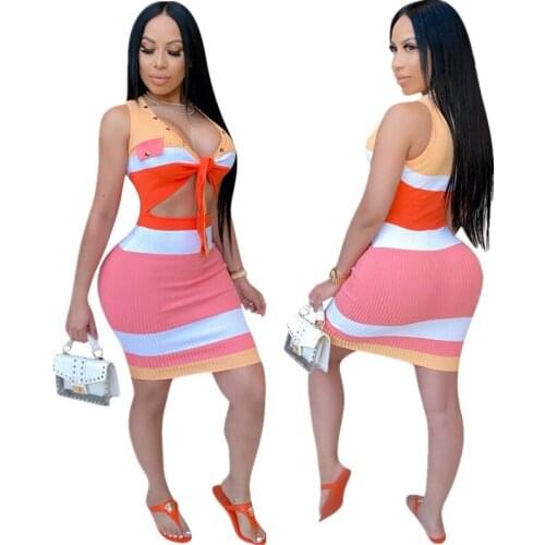 Summer 2021 New Women Sexy Hollow Out V-neck High Elastic Sleeveless Striped Pencil Bodycon Dress
