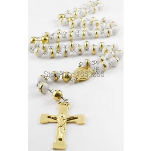 Gold Cross Stainless Steel Mens Womens 8mm White Acrylic Beads Rubber Rosary Chain Necklace 30" + 6"