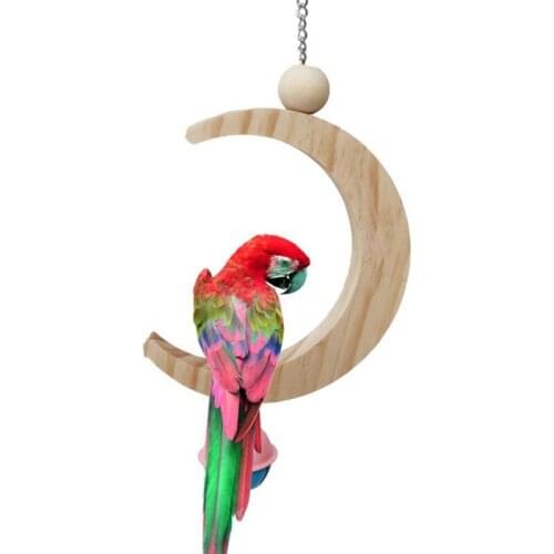1PCS Natural Wooden Parrots Moon-Shaped Toy With Bells Hanging Swings Cage Small Pets Birds Supplies