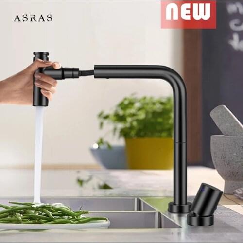 Asras 4042 Stainless Steel Pull-out Balck Kitchen Faucet Hot And Cold Shower Outlet Sink Telescopi Mixer Split Style Basin Tap