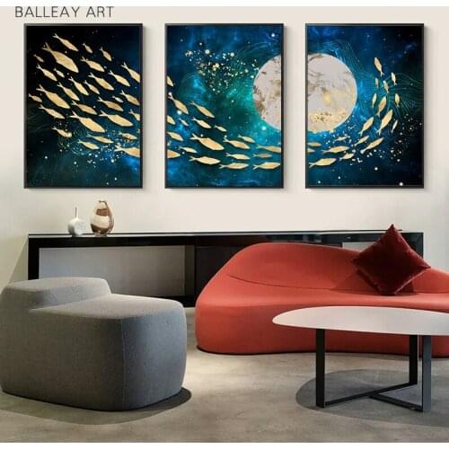 BALLEAY ART Poster and Prints Abstract Moon Fish Canvas Painting For Living Room Wall Art Painting Home Art Decoration Pictures
