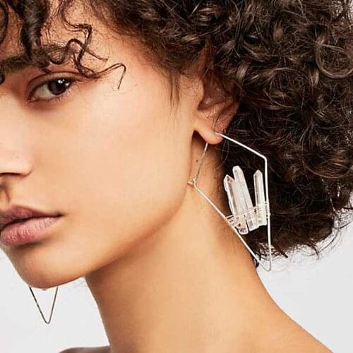 European and American big shop earring copper wire geometry arrowhead natural crystal column crystal tooth stone braided womme