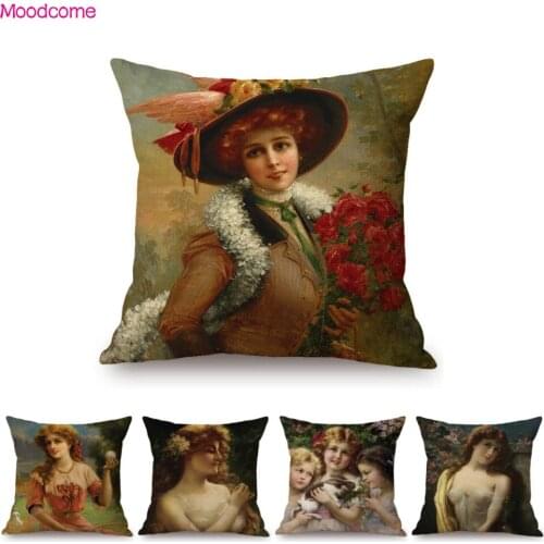 Classic European Young Girl Lady Roses Flowers Emile Vernon Oil Painting Home Decorative Pillow Cover Cotton Linen Cushion Cover