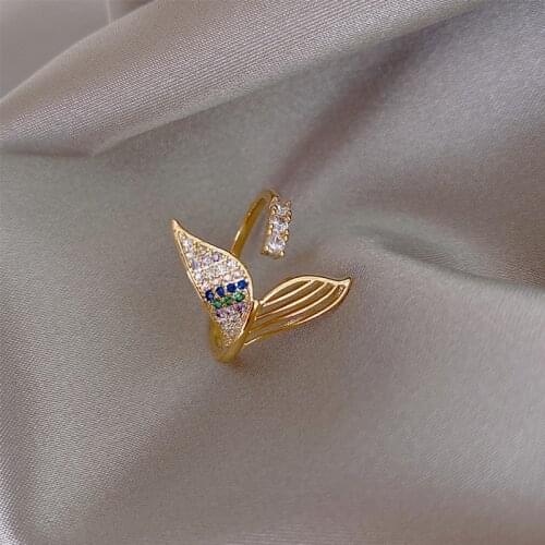 Korean Colorful Rhinestones Mermaid Tail Charm Rings for Women Girls Gold Color Alloy Hollow Out Adjustable Open Rings Jewelry