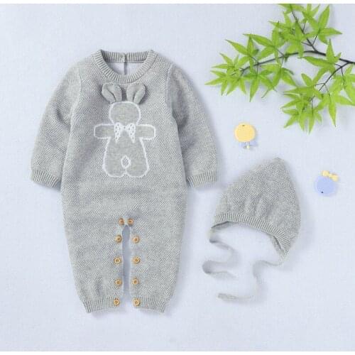 Autumn Baby Girl Cotton Cartoon Pattern Infant Long Sleeve Pullover O-Neck Jumpsuit Hat Newborn Fashion Gray Pink Purple Romper