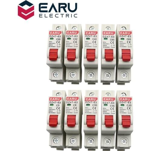 1P AC MCB DZ47-63 C Type 230/400V~ 50HZ/60HZ Mini Circuit Breaker 3A 6A 10A 16A 20A 25A 32A 40A 50A 63A Mounting 35mm Din Rail
