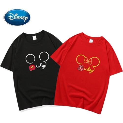Disney Fashion Mickey Minnie Mouse Cartoon Print Gold Bronzing T-Shirt O-Neck Pullover Short Sleeve Casual Women Tee Top 2 Color