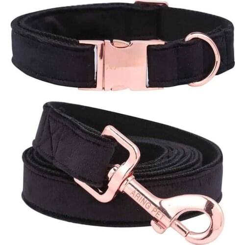 Velvet Dog Collar and Leash Set Soft & Comfy Adjustable Collars for Pet Dog Walking Black
