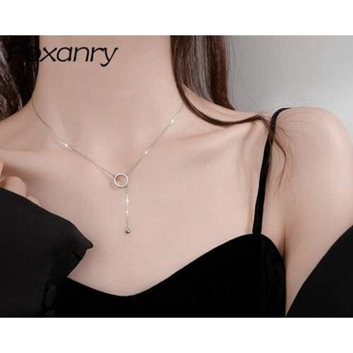FOXANRY Adjustable 925 Sterling Silver Clavicle Chain Necklace for Women Trendy Elegant Geometric Circle Pendant Party Jewelry