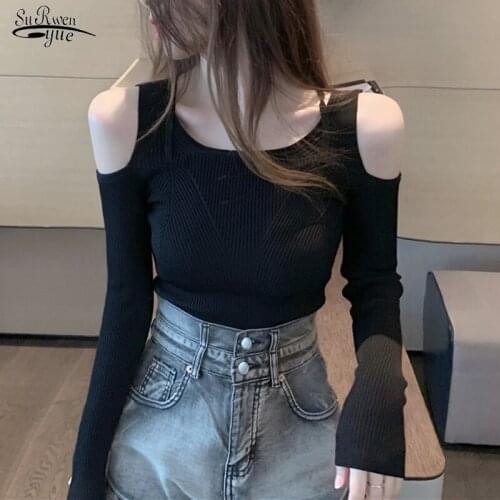 Sexy Autumn Off-shoulder Sling Sweater Thin Slim Knitted Tops Blusas Korean Elegant Hollow Stitching Women Tops Pull Femme 16297