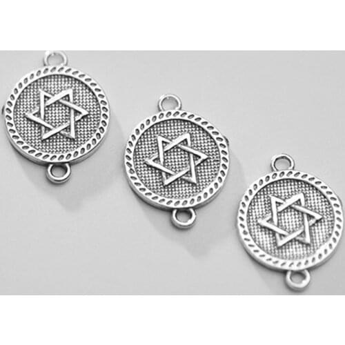 925 Sterling Silver Retro Double Hole Round Hexagram Charms Fashion Thai Silver Coin Pendant Connector DIY Jewelry Findings
