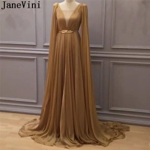 JaneVini Saudi Arabia Long Cape Evening Dresses With Gold Sash Chiffon V-Neck Formal Evening Gown Elegant Party Dress Lange Jurk