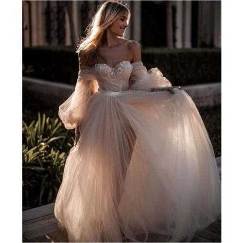 Princess Wedding Dress Sweetheart Appliqued Puff Sleeves Bride Dress A-Line Tulle Backless Boho Wedding Gown Vestido De Noiva